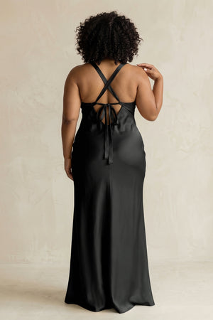 Black V-Neck Sheath Satin Bridesmaid Dress With Slit (4) | KISSPROM