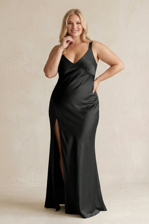 Black V-Neck Sheath Satin Bridesmaid Dress With Slit | KISSPROM