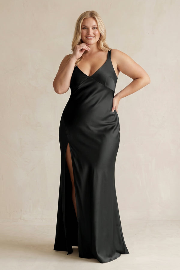 Black V-Neck Sheath Satin Bridesmaid Dress With Slit | KISSPROM