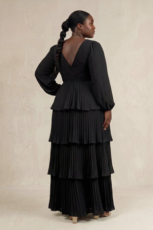 Black V-Neck Tiered A-Line Long Sleeve Bridesmaid Dress (2) | KISSPROM