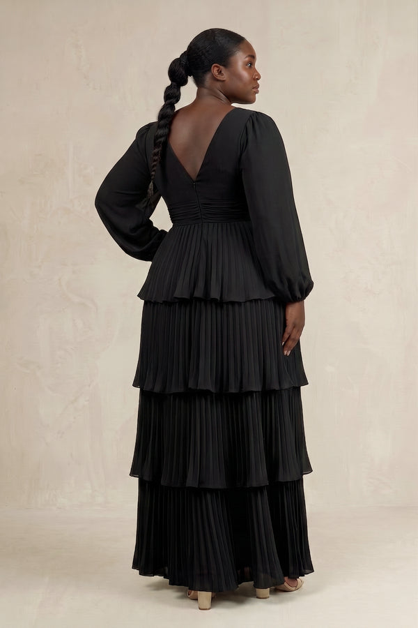 Black V-Neck Tiered A-Line Long Sleeve Bridesmaid Dress (2) | KISSPROM
