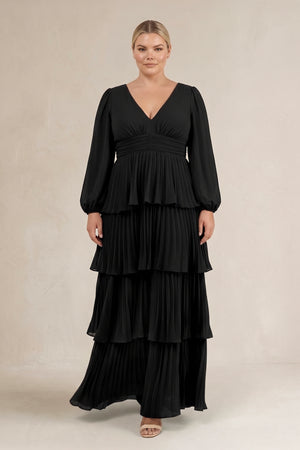 Black V-Neck Tiered A-Line Long Sleeve Bridesmaid Dress (3) | KISSPROM