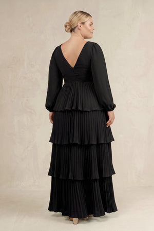 Black V-Neck Tiered A-Line Long Sleeve Bridesmaid Dress (4) | KISSPROM