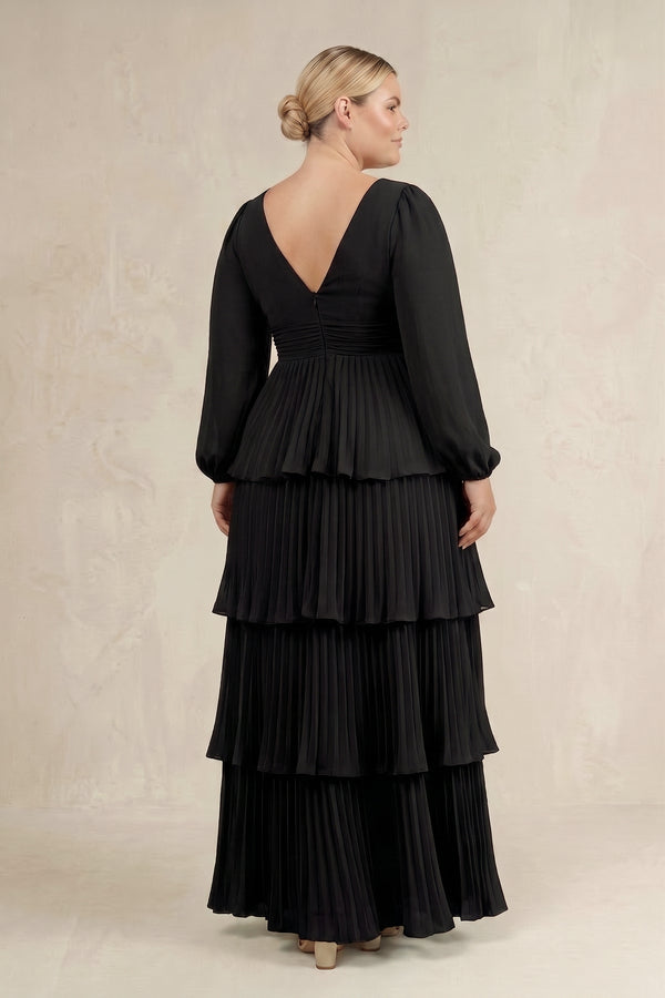 Black V-Neck Tiered A-Line Long Sleeve Bridesmaid Dress (4) | KISSPROM