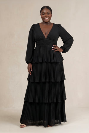 Black V-Neck Tiered A-Line Long Sleeve Bridesmaid Dress | KISSPROM