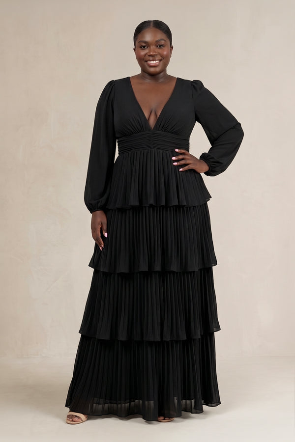 Black V-Neck Tiered A-Line Long Sleeve Bridesmaid Dress | KISSPROM