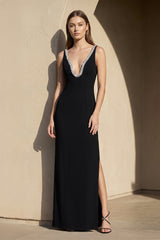 Black V Neck Wedding Guest Dress With Beading | KISSBRIDAL