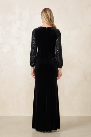 Black Velvet Sheath Round Neck Mother of the Bride Dress With Sleeves (2) | KISSBRIDAL