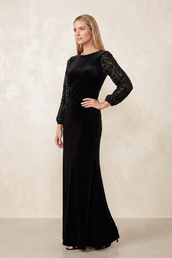 Black Velvet Sheath Round Neck Mother of the Bride Dress With Sleeves (3) | KISSBRIDAL
