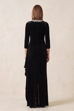 Black Velvet Sheath Ruffle Mother of the Bride Dress with Long Sleeves (2) | KISSBRIDAL