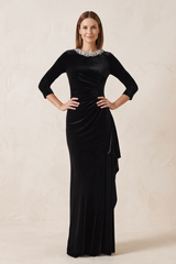 Black Velvet Sheath Ruffle Mother of the Bride Dress with Long Sleeves | KISSBRIDAL