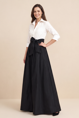 Black-White A-Line Satin Half Sleeves Mother of the Bride Dress (3) | KISSBRIDAL
