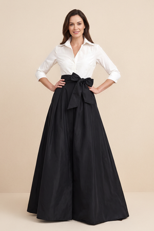Black-White A-Line Satin Half Sleeves Mother of the Bride Dress | KISSBRIDAL