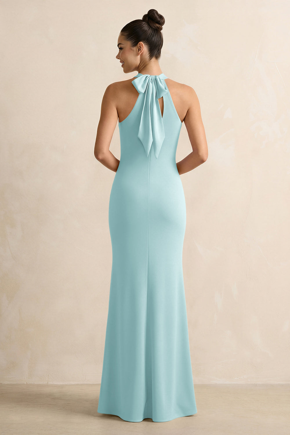 Crisscross Halter Sheath Satin Bridesmaid Dress with Bow in Bleached Aqua