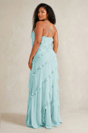 Bleached Aqua Spaghetti Straps Sheath Stain Ruffled Bridesmaid Dress (4) | KISSBRIDAL[sizeplus]