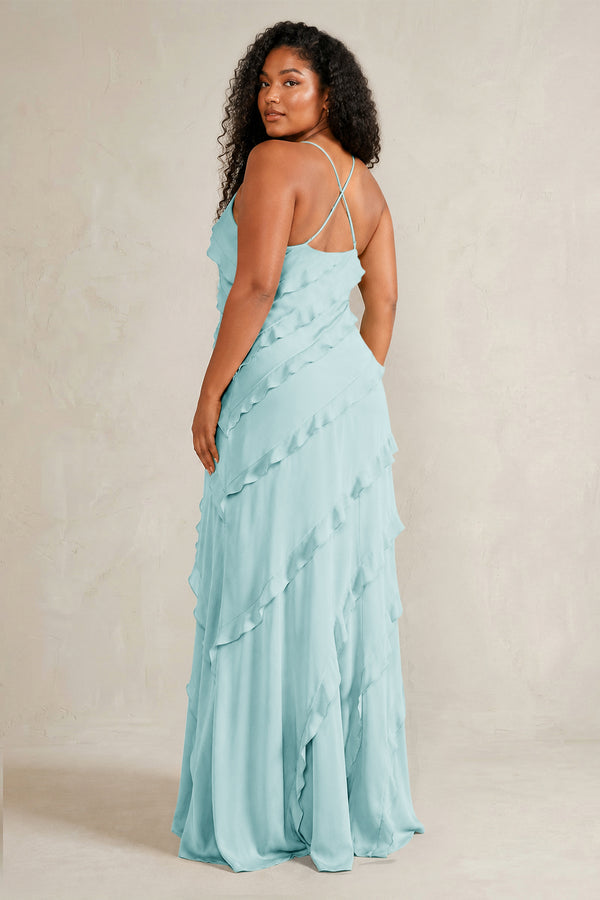 Bleached Aqua Spaghetti Straps Sheath Stain Ruffled Bridesmaid Dress (4) | KISSBRIDAL[sizeplus]