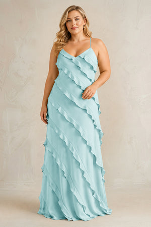 Bleached Aqua Spaghetti Straps Sheath Stain Ruffled Bridesmaid Dress | KISSBRIDAL[sizeplus]