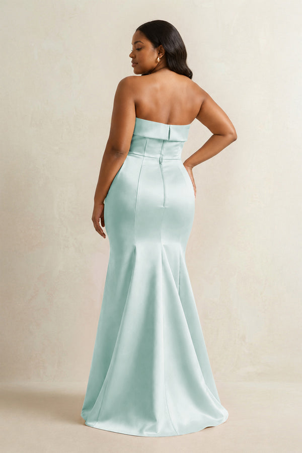 Bleached Aqua Strapless Satin Mermaid Bridesmaid Dress (4) [sizeplus] | KISSBRIDAL