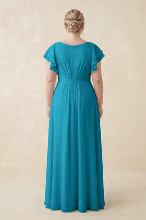 Blue Jay Cap Sleeve Ruffled A-Line Chiffon Bridesmaid Dress (2)  [sizeplus]| KISSBRIDAL