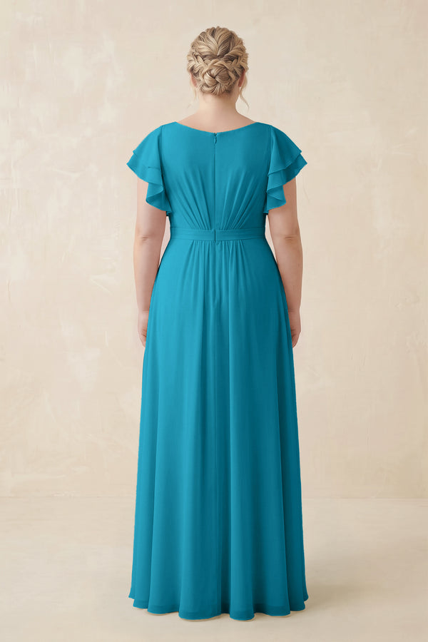 Blue Jay Cap Sleeve Ruffled A-Line Chiffon Bridesmaid Dress (2)  [sizeplus]| KISSBRIDAL
