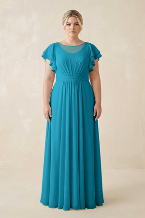 Blue Jay Cap Sleeve Ruffled A-Line Chiffon Bridesmaid Dress [sizeplus] | KISSBRIDAL
