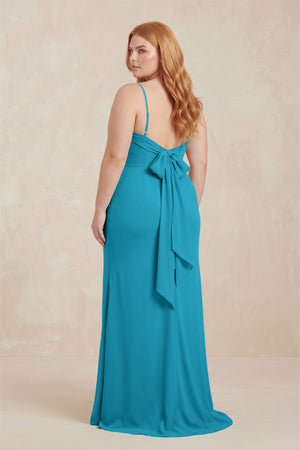 Blue Jay Cowl Neck Sheath Chiffon Bridesmaid Dress with Corset (2) | KISSBRIDAL