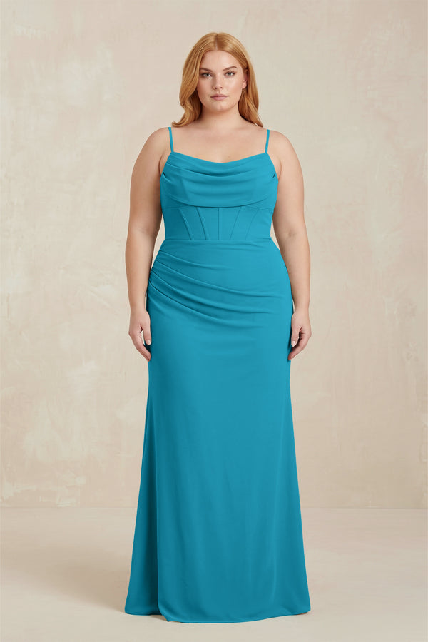 Blue Jay Cowl Neck Sheath Chiffon Bridesmaid Dress with Corset | KISSBRIDAL