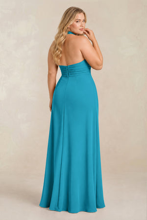 Blue Jay High Neck Chiffon Sheath Ruched Bridesmaid Dress (2) [sizeplus] | KISSBRIDAL