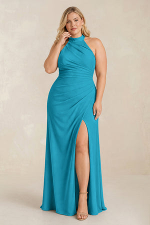 Blue Jay High Neck Chiffon Sheath Ruched Bridesmaid Dress [sizeplus] | KISSBRIDAL