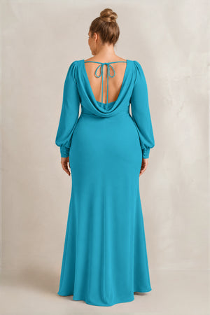 Blue Jay Long Sleeve V-Neck Sheath Chiffon Bridesmaid Dress (2) [sizeplus] | KISSBRIDAL
