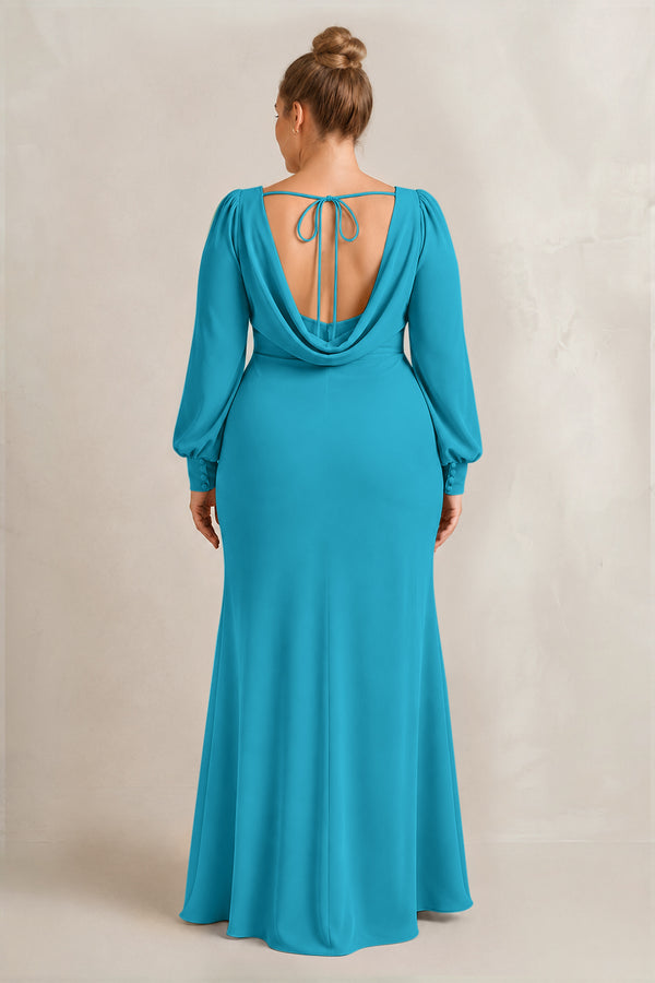 Blue Jay Long Sleeve V-Neck Sheath Chiffon Bridesmaid Dress (2) [sizeplus] | KISSBRIDAL