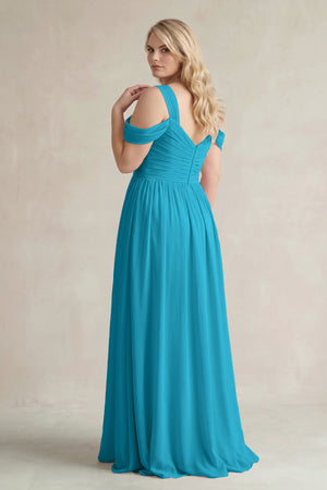 Blue Jay Off-the-Shoulder A-Line Chiffon Bridesmaid Dress With Slit (2) | KISSBRIDAL