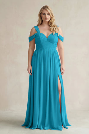 Blue Jay Off-the-Shoulder A-Line Chiffon Bridesmaid Dress With Slit | KISSBRIDAL