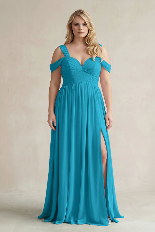 Blue Jay Off-the-Shoulder A-Line Chiffon Bridesmaid Dress With Slit | KISSBRIDAL