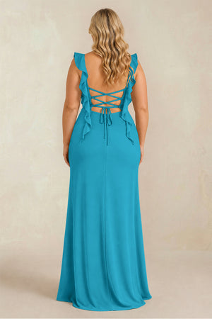 Blue Jay Ruffled Sleeve Ruched Sheath Chiffon Bridesmaid Dress (2) [sizeplus] | KISSBRIDAL