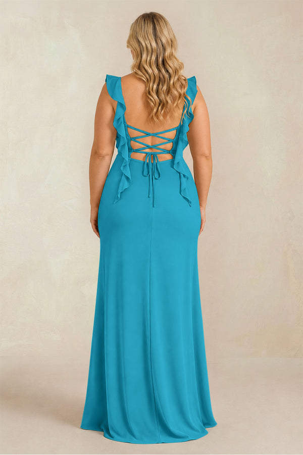Blue Jay Ruffled Sleeve Ruched Sheath Chiffon Bridesmaid Dress (2) [sizeplus] | KISSBRIDAL