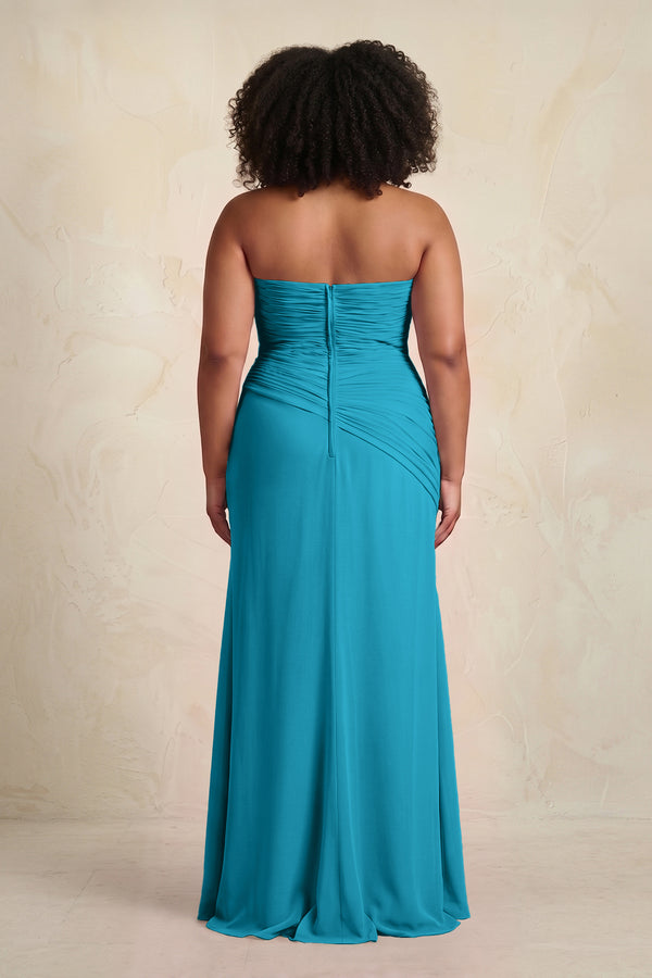 Blue Jay Sheath Chiffon Strapless Pleated Bridesmaid Dress (2) | KISSBRIDAL[sizeplus]