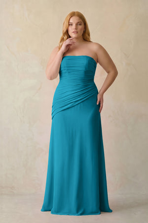 Blue Jay Sheath Chiffon Strapless Pleated Bridesmaid Dress (3) | KISSBRIDAL[sizeplus]