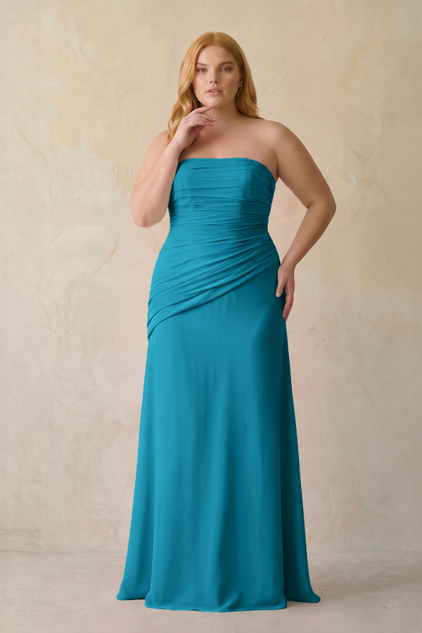 Blue Jay Sheath Chiffon Strapless Pleated Bridesmaid Dress (3) | KISSBRIDAL[sizeplus]