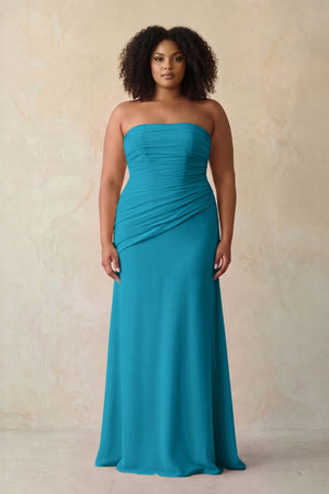 Blue Jay Sheath Chiffon Strapless Pleated Bridesmaid Dress | KISSBRIDAL[sizeplus]