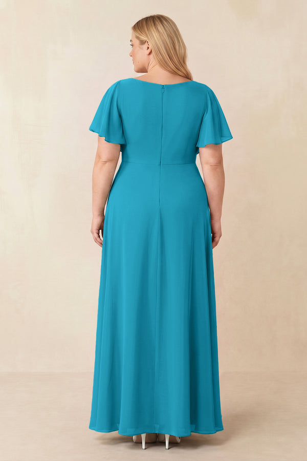Blue Jay Short Sleeves Bateau A-Line Chiffon Bridesmaid Dress (2) [sizeplus] | KISSBRIDAL