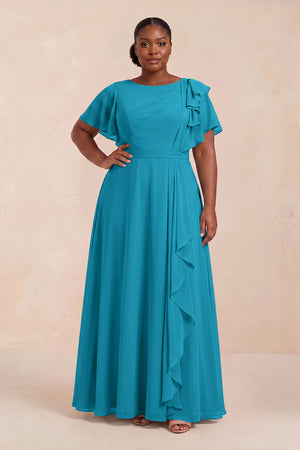 Blue Jay Short Sleeves Bateau A-Line Chiffon Bridesmaid Dress (3) [sizeplus] | KISSBRIDAL