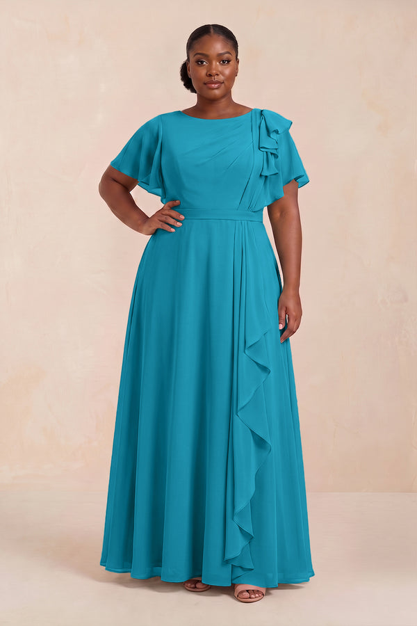 Blue Jay Short Sleeves Bateau A-Line Chiffon Bridesmaid Dress (3) [sizeplus] | KISSBRIDAL