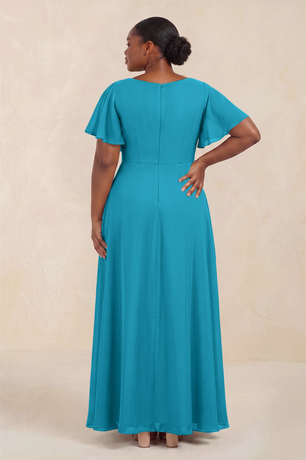 Blue Jay Short Sleeves Bateau A-Line Chiffon Bridesmaid Dress (4) [sizeplus] | KISSBRIDAL