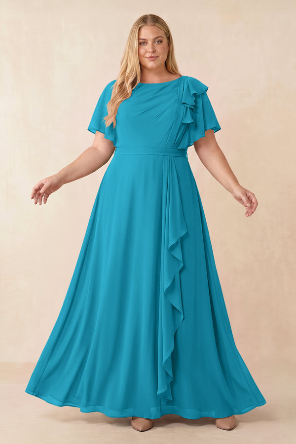 Blue Jay Short Sleeves Bateau A-Line Chiffon Bridesmaid Dress [sizeplus] | KISSBRIDAL