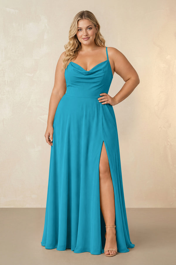 Blue Jay Spaghetti Straps Chiffon A-Line Bridesmaid Dress [sizeplus] | KISSBRIDAL
