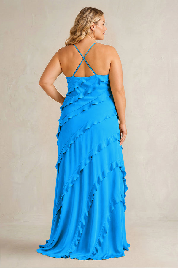 Blue Jay Spaghetti Straps Sheath Stain Ruffled Bridesmaid Dress (2) | KISSBRIDAL[sizeplus]