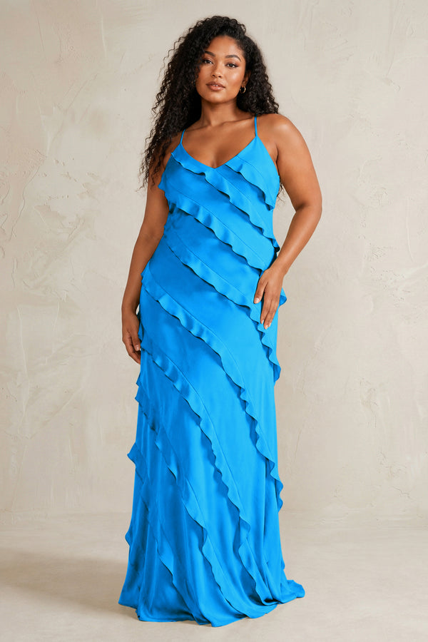 Blue Jay Spaghetti Straps Sheath Stain Ruffled Bridesmaid Dress (3) | KISSBRIDAL[sizeplus]