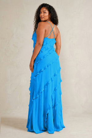 Blue Jay Spaghetti Straps Sheath Stain Ruffled Bridesmaid Dress (4) | KISSBRIDAL[sizeplus]