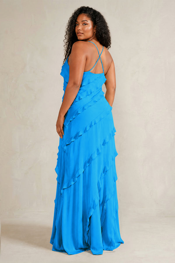 Blue Jay Spaghetti Straps Sheath Stain Ruffled Bridesmaid Dress (4) | KISSBRIDAL[sizeplus]